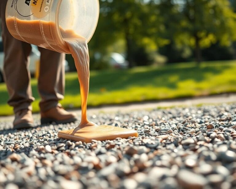 Pour on gravel binder